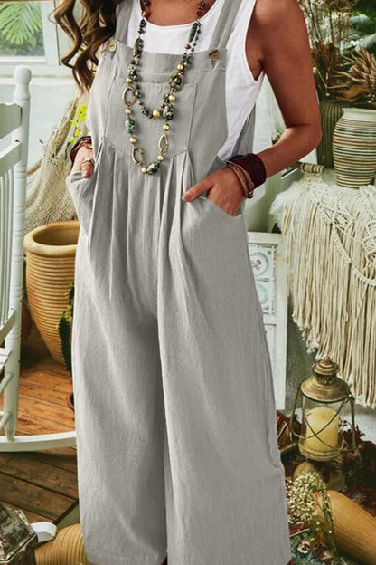 Solid Color Sleeveless Pocket Casual Wide Leg Side Button Jumpsuit