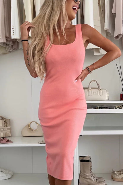 Comfort and Femininity Knit Ribbed Tank Slit Stretch Midi Dress