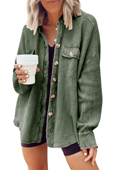 Casual Waffle Knit Button-Up Oversized Shirt Jacket