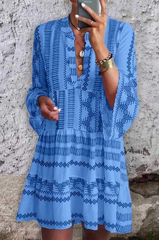 Lilipretty Print Flared Sleeve Stand Collar Dress