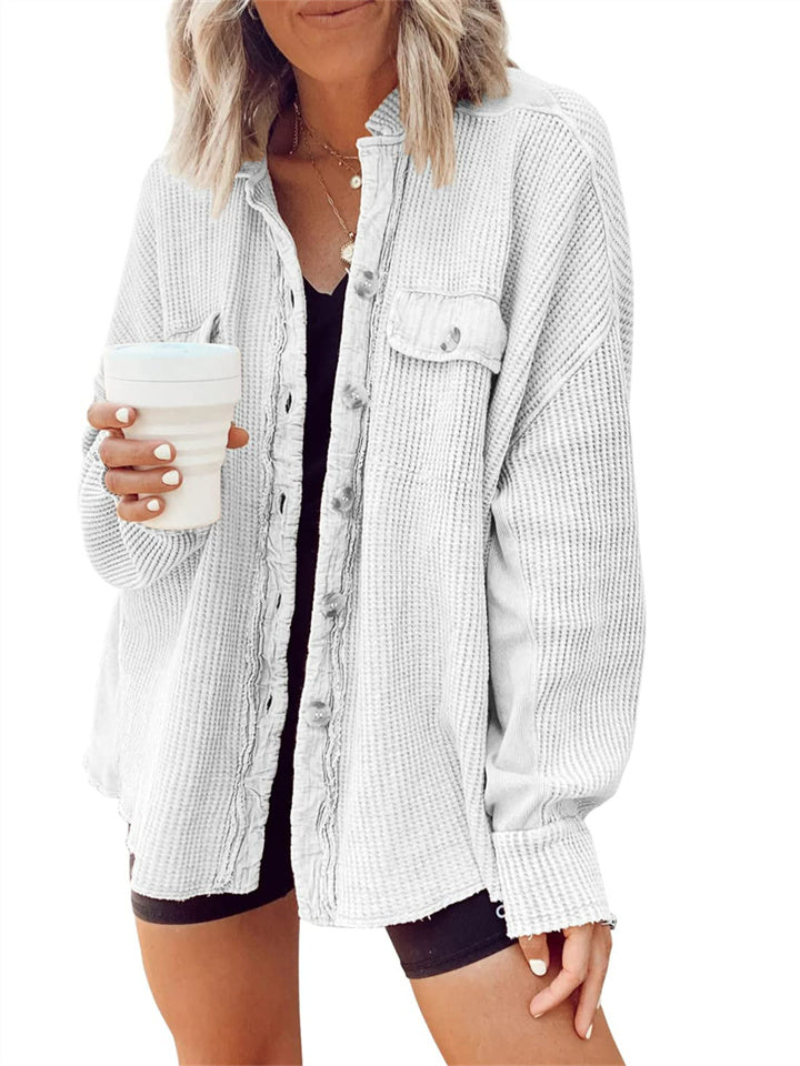 Casual Waffle Knit Button-Up Oversized Shirt Jacket