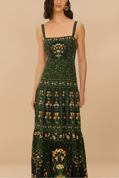 Tropical Look Linen Blend Floral Print Square Neck Back Smocked Midi Dress