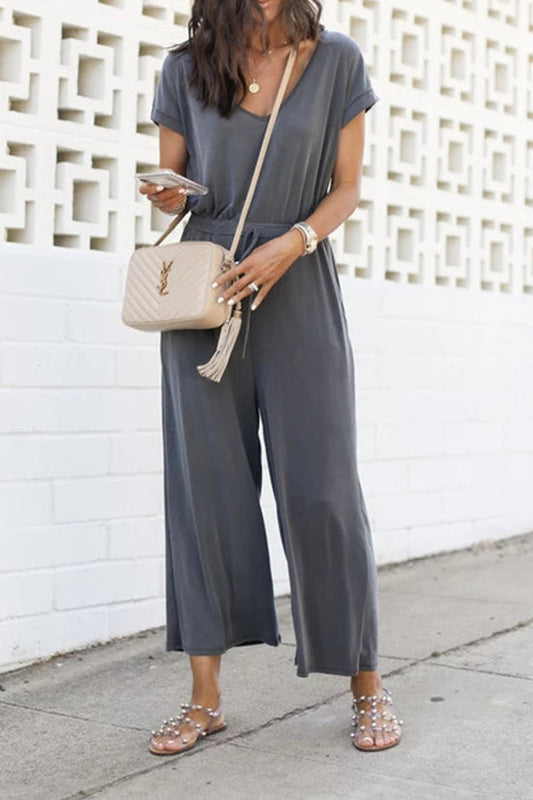 Elastic waist V neck wide leg jumpsuit women