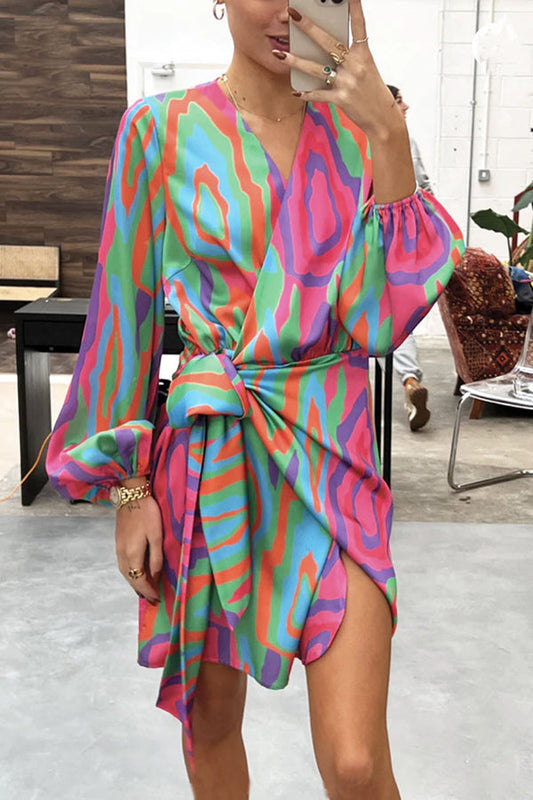 Lilipretty Dione Bright Abstract Wrap Tie Shirt Mini Dress