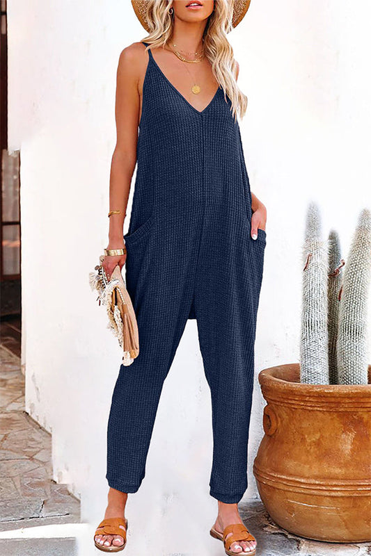 One word pleated pure color fashion jumpsuit