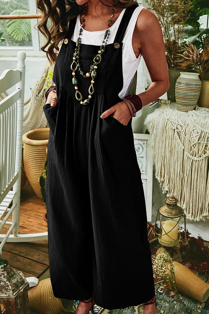 Solid Color Sleeveless Pocket Casual Wide Leg Side Button Jumpsuit