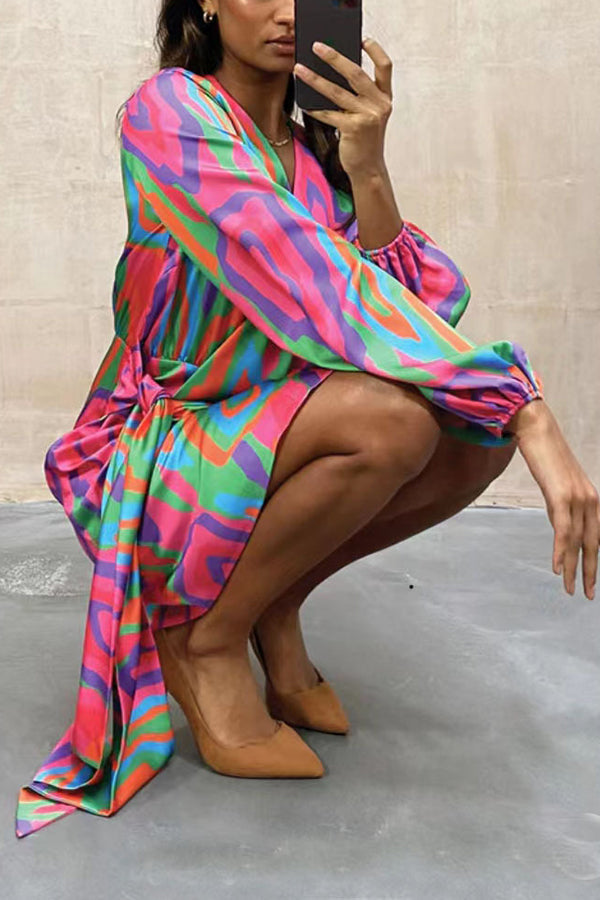Lilipretty Dione Bright Abstract Wrap Tie Shirt Mini Dress