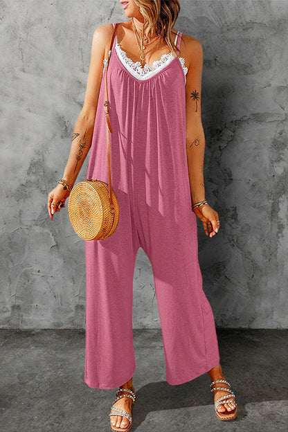 Casual Spaghetti Straps Wide Leg Pocketed Jumpsuits