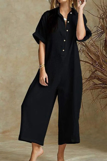 SHORT SLEEVE V NECK JUMPSUIT BUTTON DOWN TURNDOWN COLLAR WIDE LEG JUMPSUIT