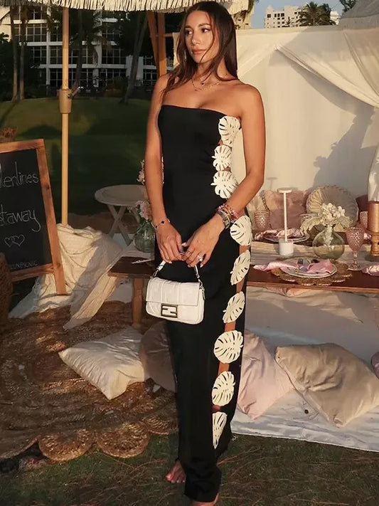 Tropical Leaf Appliqué Strapless Maxi Dress