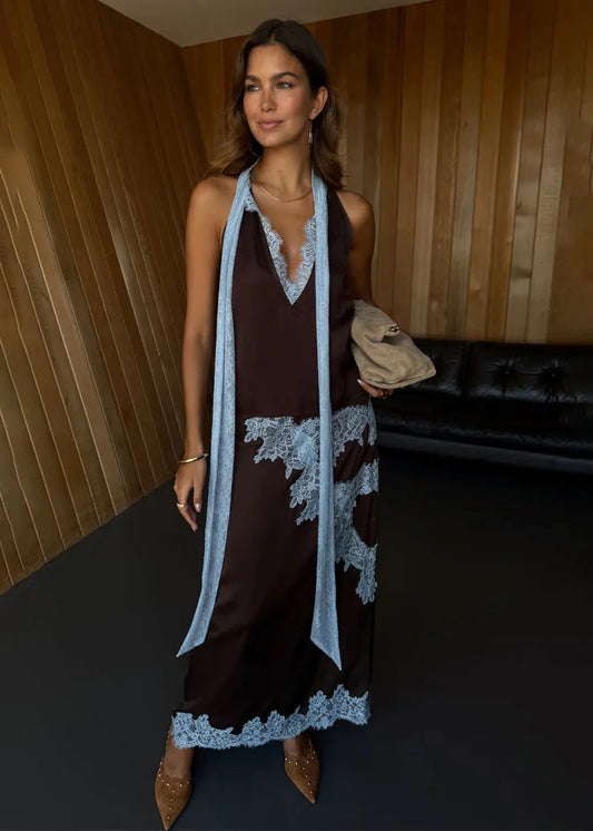 Sunday Social Contrast Color Satin Lace Trim Mid Rise Maxi Skirt Set